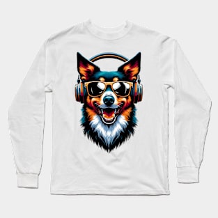 Australian Kelpie Smiling DJ with Headphones Art Long Sleeve T-Shirt